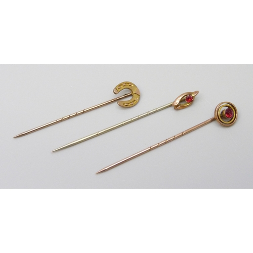 7035 - Three 9ct gold stick pins, 2.6g, one with metal pin