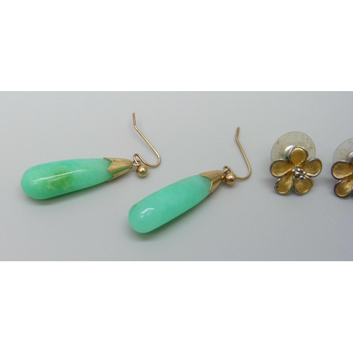 7040 - A pair of apple-green chrysoprase earrings in 9ct mounts by Andrew Elliot and one other pair of flor... 