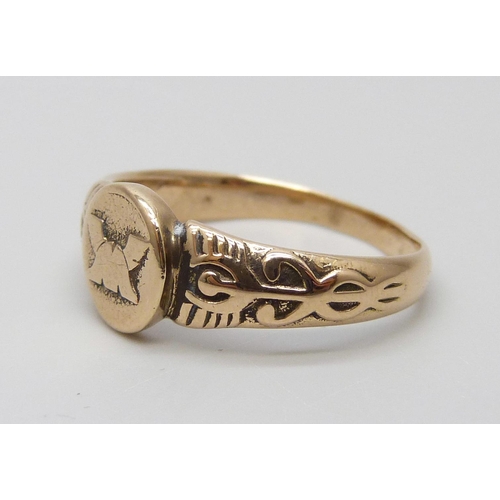 7046 - A 19th Century 14ct gold ring marked 585, continental control marks, shank bears inscription, 4.8g, ... 