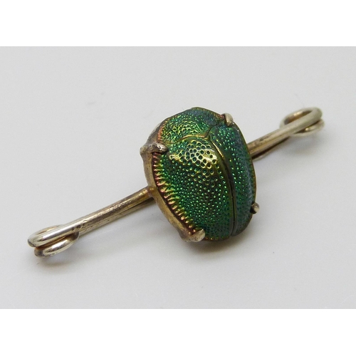 7050 - An antique scarab beetle brooch in vintage box