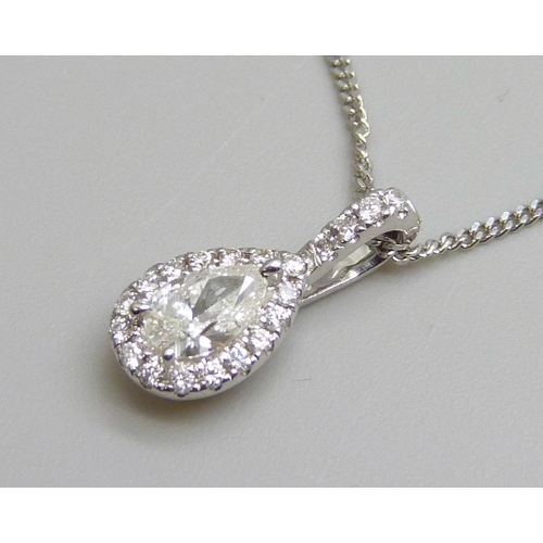 7054 - An 18ct gold and pear shaped diamond pendant on a fine 18ct white gold chain, 0.5ct weight, 2.7g, ch... 