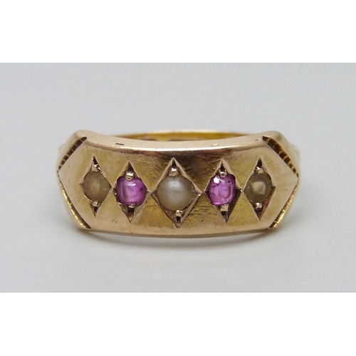 7064 - A Victorian 15ct gold, ruby and pearl ring, Chester 1876, 2.2g, L