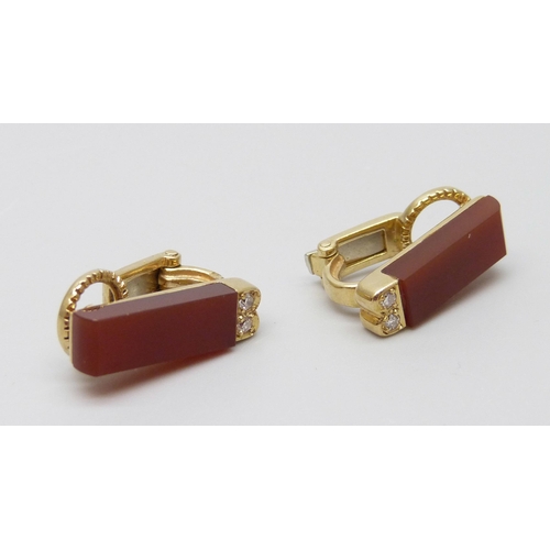 7065 - A pair of 14ct gold, diamond and carnelian clip-on earrings, marked 585 and LD, 6.7g, 17mm