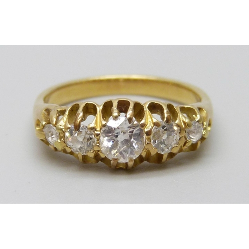 7078 - A yellow metal and five stone diamond ring, 3.0g, I