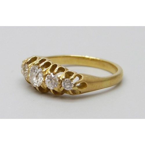 7078 - A yellow metal and five stone diamond ring, 3.0g, I