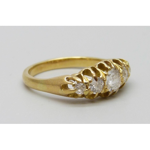 7078 - A yellow metal and five stone diamond ring, 3.0g, I