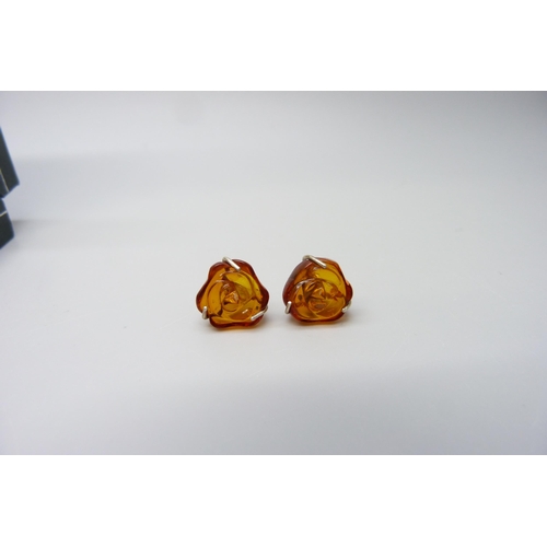 7084 - Two pairs of silver and amber set earrings