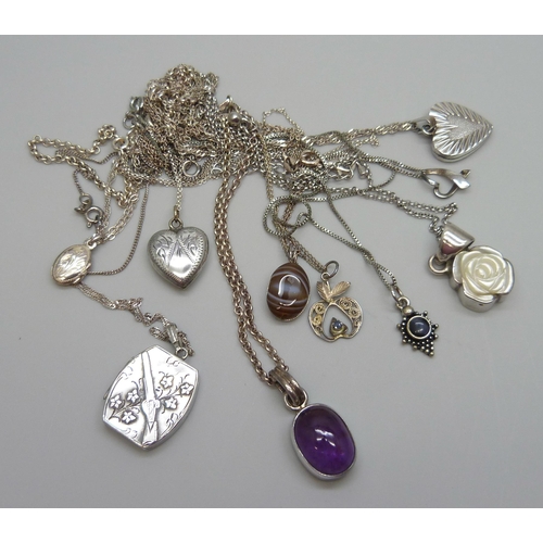 7092 - Ten silver pendants and chains including a hallmarked Victorian silver locket