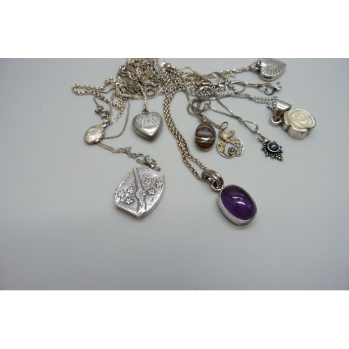 7092 - Ten silver pendants and chains including a hallmarked Victorian silver locket