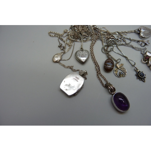 7092 - Ten silver pendants and chains including a hallmarked Victorian silver locket