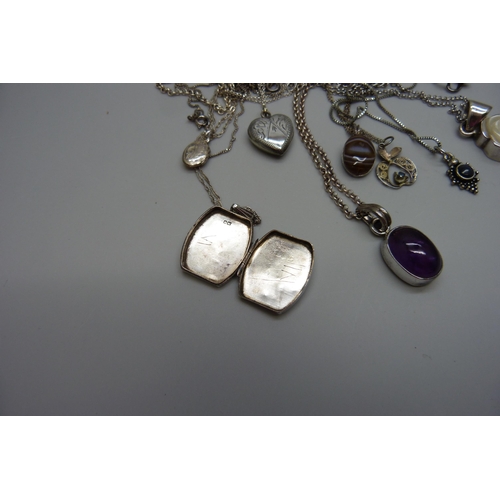 7092 - Ten silver pendants and chains including a hallmarked Victorian silver locket