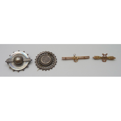 7094 - Two 9ct gold brooches, one lacking pin, 2.3g, and two Victorian brooches, one lacking hook