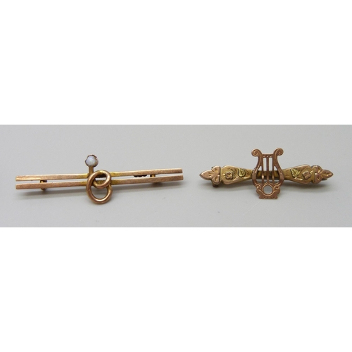 7094 - Two 9ct gold brooches, one lacking pin, 2.3g, and two Victorian brooches, one lacking hook