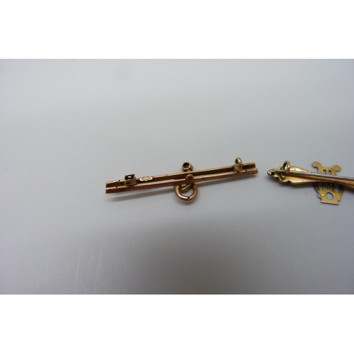 7094 - Two 9ct gold brooches, one lacking pin, 2.3g, and two Victorian brooches, one lacking hook