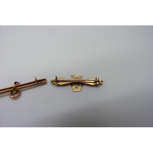 7094 - Two 9ct gold brooches, one lacking pin, 2.3g, and two Victorian brooches, one lacking hook