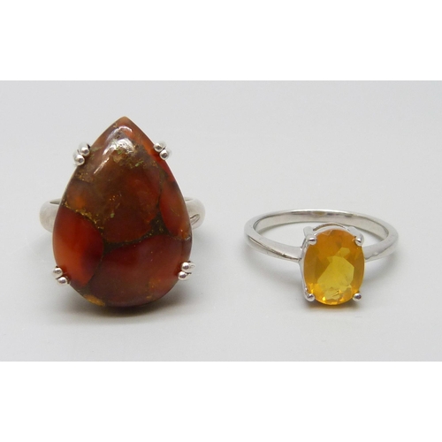 7095 - Two sterling silver 925 statement rings, one set with a 14ct pear cut carnelian and one set with an ... 