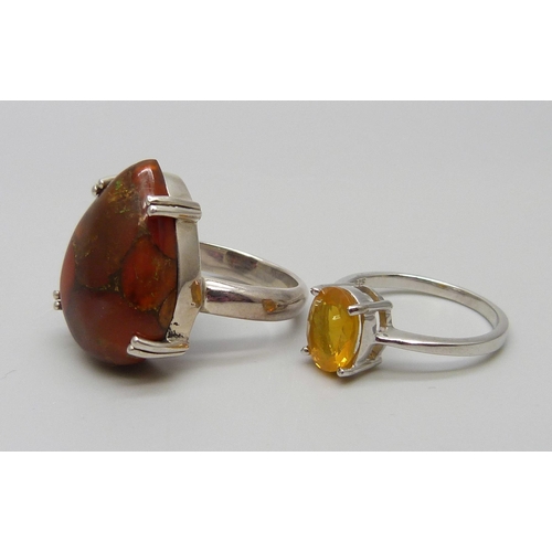 7095 - Two sterling silver 925 statement rings, one set with a 14ct pear cut carnelian and one set with an ... 