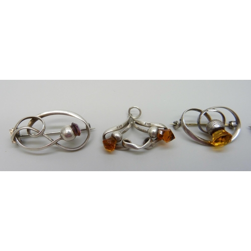 7098 - Three Art Nouveau silver brooches, one by Charles Horner and a similar pendant by Charles Horner