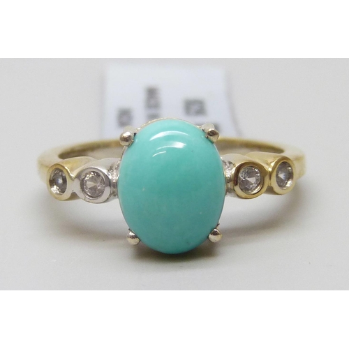 7103 - A silver gilt turquoise and topaz ring, R