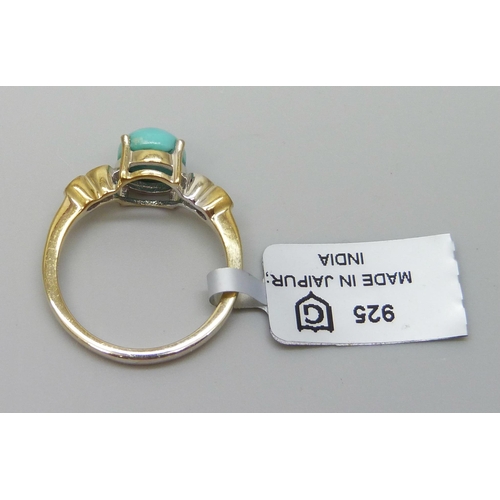 7103 - A silver gilt turquoise and topaz ring, R