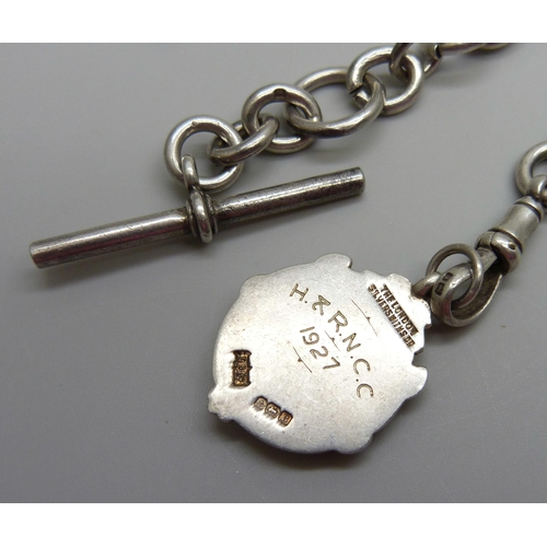 7114 - A silver Albert chain and fob, each link marked, 83g, 41cm