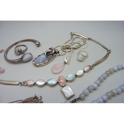 7126 - A collection of silver and silver set jewellery, mother of pearl, quartz, etc.