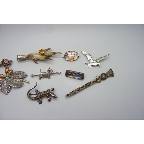 7165 - A collection of silver and other brooches, including silver Scottie brooch, silver bird brooch marke... 