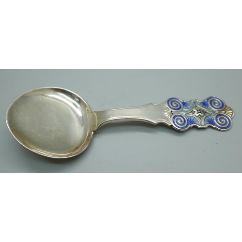 7343 - A Norwegian Arts and Crafts silver and enamel spoon, K.A., also with Swedish silver import mark, 11.... 