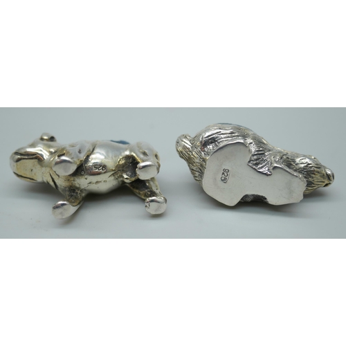 7348 - Two small novelty silver pin cushions, rabbit and bull-dog