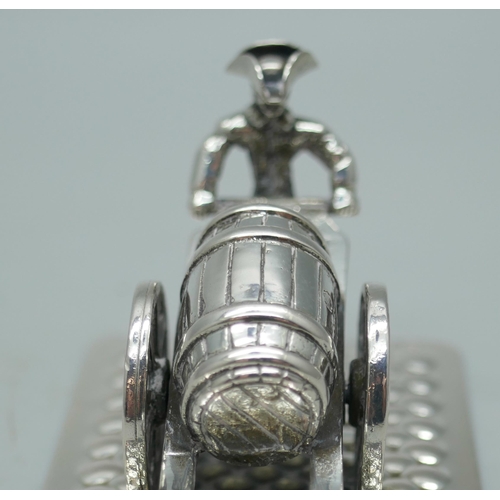 7350 - A novelty miniature silver model, gentleman with cart and barrel, Dutch control marks