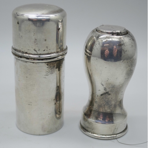 7352 - A silver shaving brush holder, Birmingham 1920, and a silver soap holder, Chester 1912