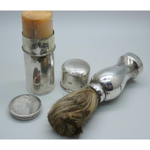 7352 - A silver shaving brush holder, Birmingham 1920, and a silver soap holder, Chester 1912