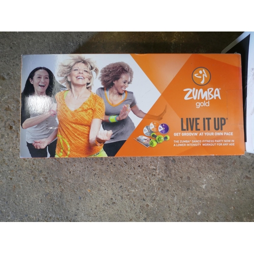 5107 - A quantity of exercise equipment including Beachbody Focus T25 exercise guide, Zumba Gold 