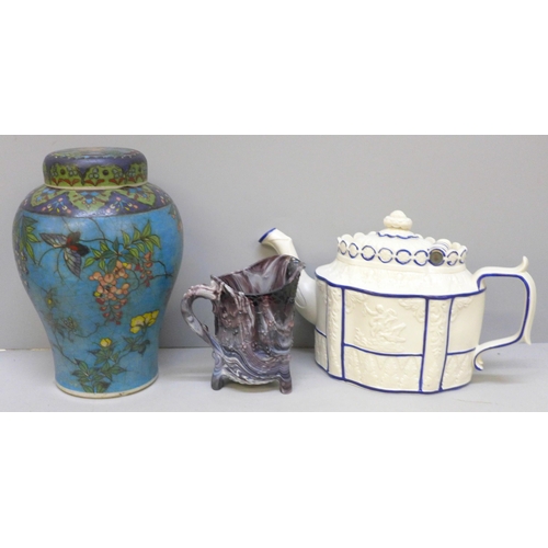 2010 - A slag glass jug, an oriental lidded ginger jar, small chip to rim of lid and a 19th Century teapot,... 