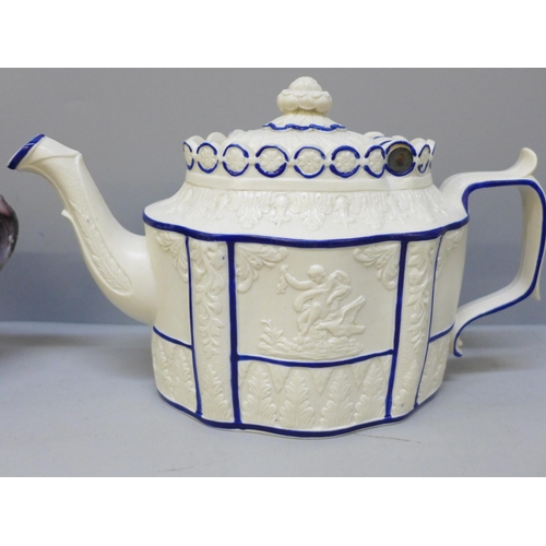 2010 - A slag glass jug, an oriental lidded ginger jar, small chip to rim of lid and a 19th Century teapot,... 