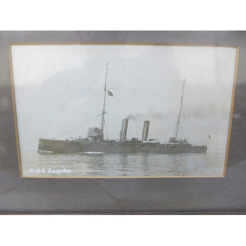 2047 - A framed photograph of H.M.S. Sappho and a photograph of the ship's cat, together with ephemera rela... 