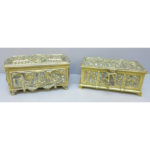 2050 - Two small solid brass caskets, 14cm wide