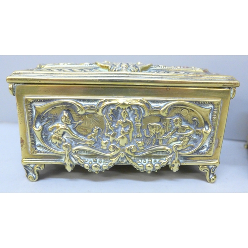 2050 - Two small solid brass caskets, 14cm wide