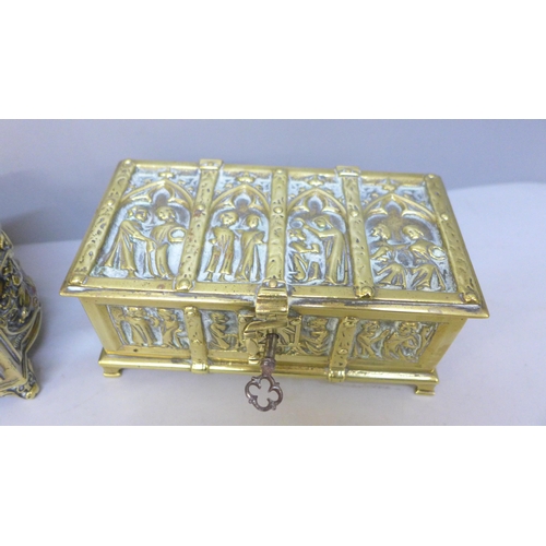 2050 - Two small solid brass caskets, 14cm wide