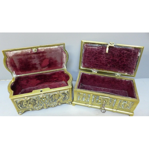 2050 - Two small solid brass caskets, 14cm wide