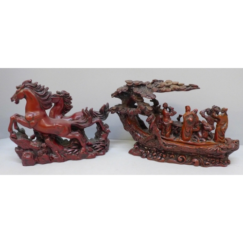 2079 - Two boxed Chinese resin figures; Galloping Horses and Eight Immortals, one Immortal repaired