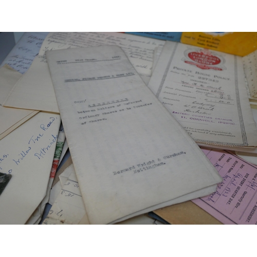 2121 - A box of 19th and 20th Century ephemera including title deeds, wills, insurance certificates, corres... 