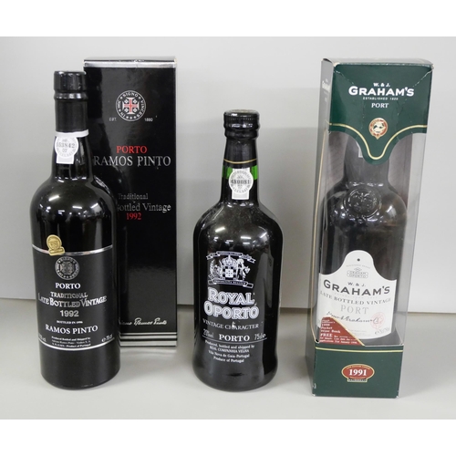 2182 - Three bottles of port, Royal Oporto, Porto Ramos Pinto, 1992 and Graham's, 1991 **PLEASE NOTE THIS L... 