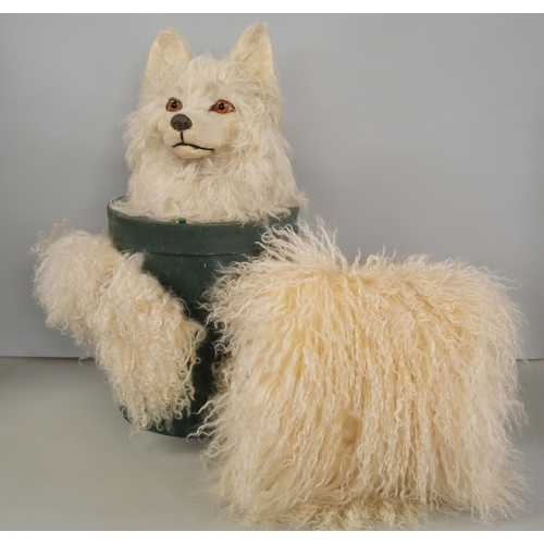 2201 - A novelty box with a dog's head mounted to the lid and fur detail, containing a hand muff with silk ... 