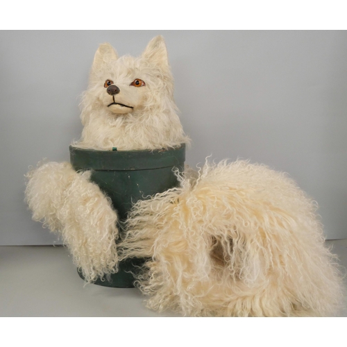 2201 - A novelty box with a dog's head mounted to the lid and fur detail, containing a hand muff with silk ... 