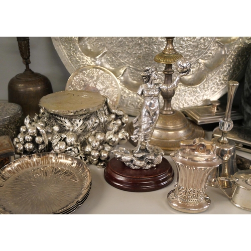 2210 - A collection of metalware and plated items including a Ronson table lighter, blotter and cigarette c... 