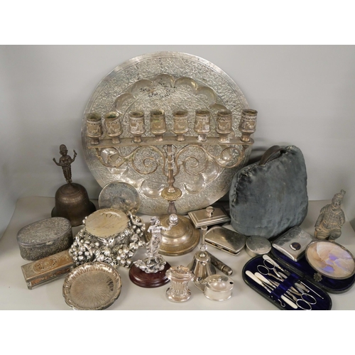 2210 - A collection of metalware and plated items including a Ronson table lighter, blotter and cigarette c... 