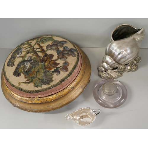 2213 - A beaded footstool, a silver plated pot in the form of a conch shell, a small plated jug and an inkw... 