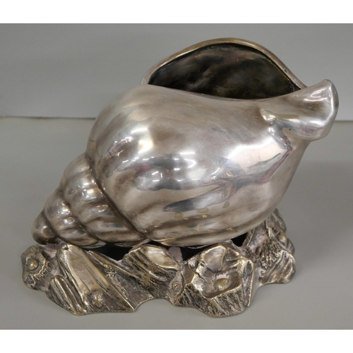 2213 - A beaded footstool, a silver plated pot in the form of a conch shell, a small plated jug and an inkw... 