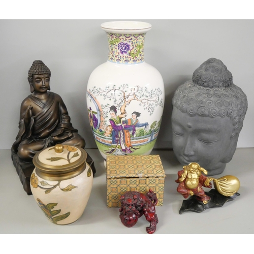 2219 - A collection of oriental items including a small resin foo dog, a vase, head of Buddha, etc. **PLEAS... 